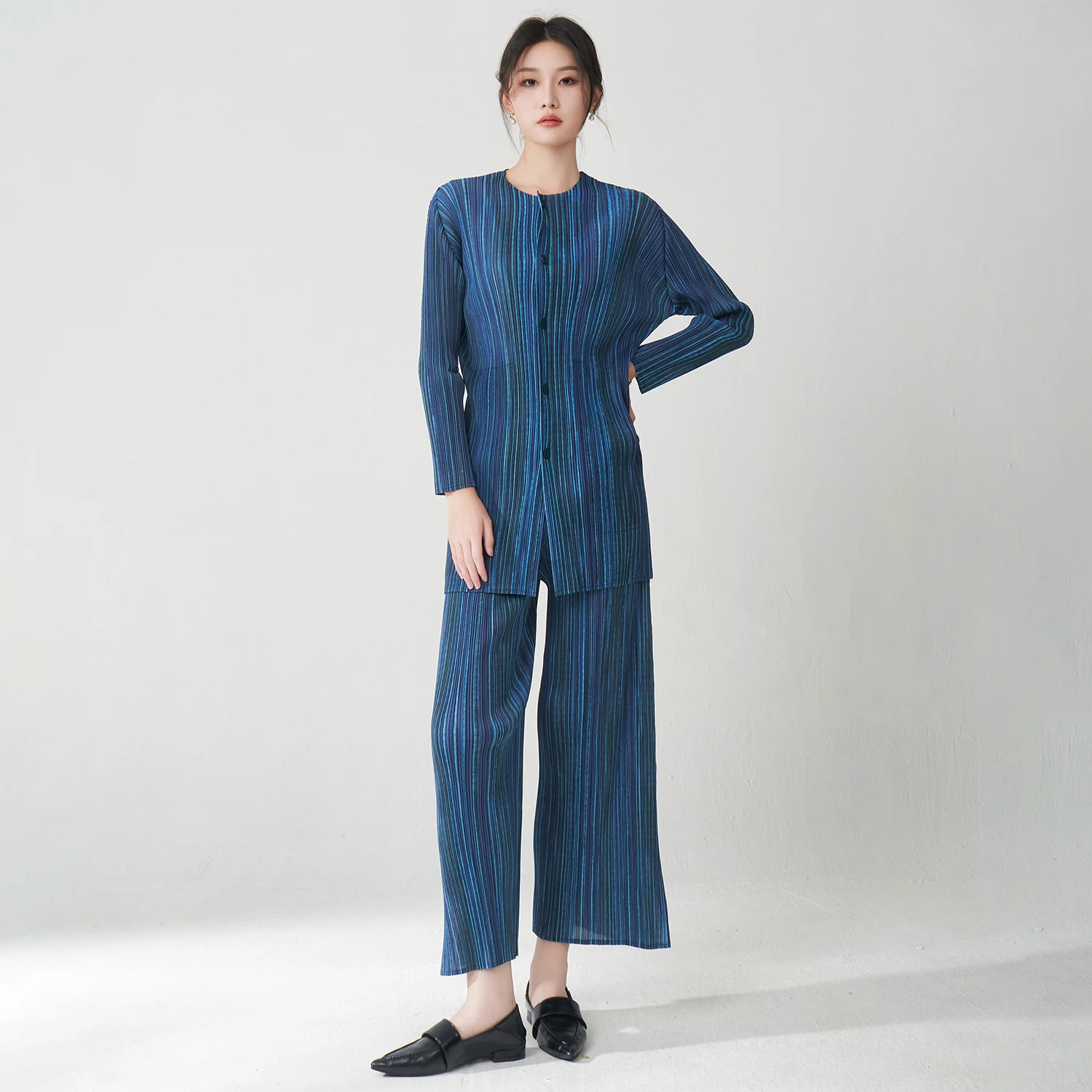 Women Clothing Wholesale Women's Fashion Set Cardigan Button Top and Pants Two-piece Stretch Print Casual Set