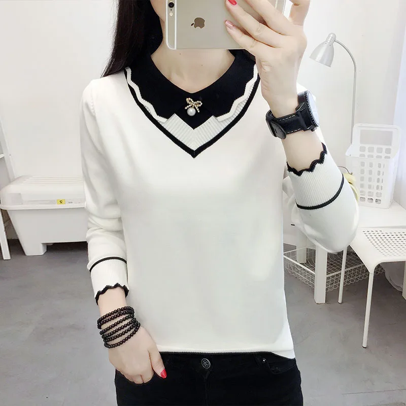 

Вязаный свитер, женские пуловеры с длинным рукавом, ложный двухсекционный вязаный свитер, пуловер, женские топы, новые свитера с отложным воротником Q2650