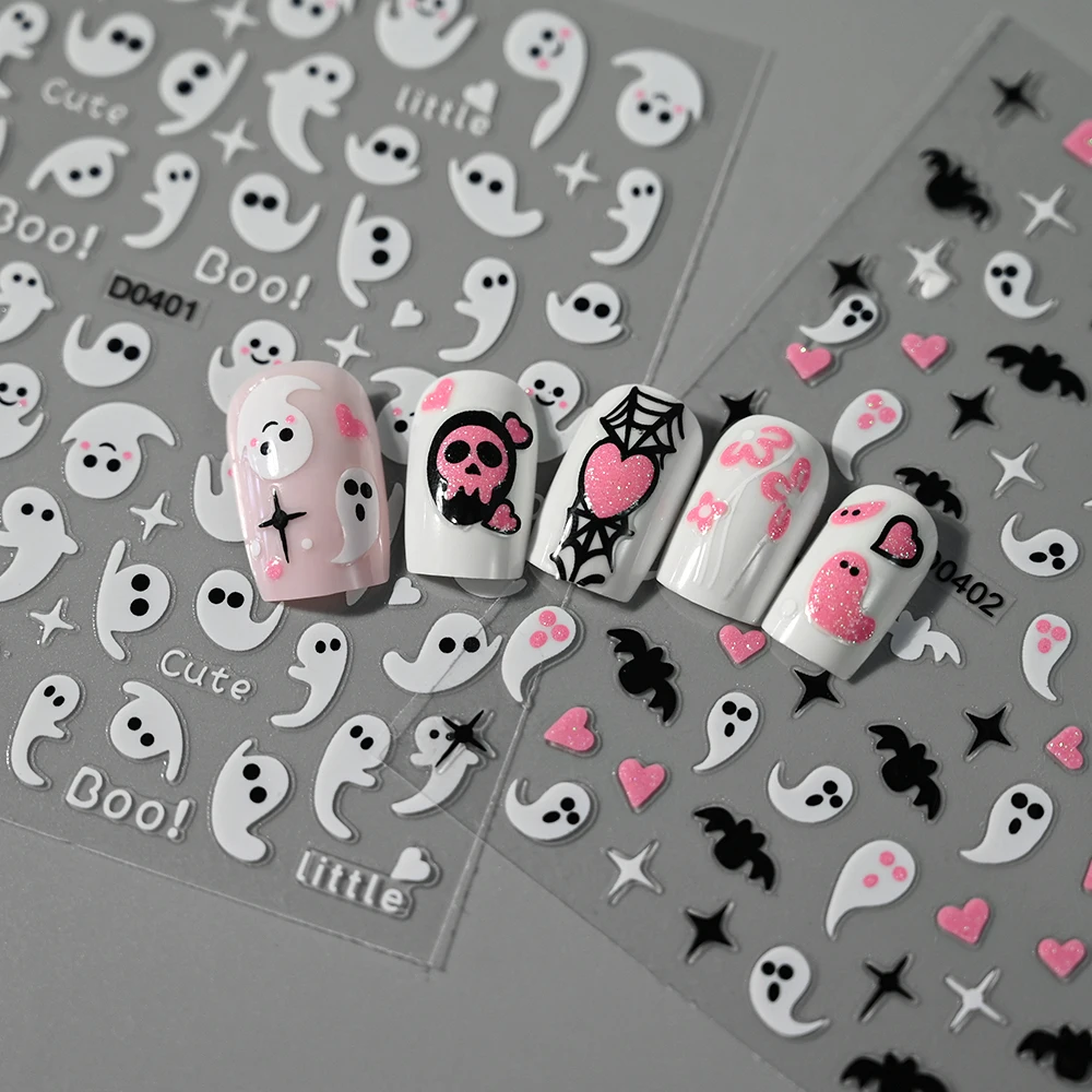 1pc 3D Cute Ghost Halloween Nail Stickers Skull Pumpkin Spider Web Holiday Nail Sliders Decals DIY Adhesive Manicure Decoration