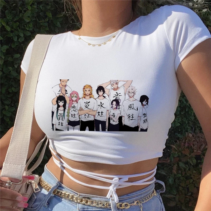 Y2K Tshirt Female Crop Tops Japanese Manga Demon Slayer Kimetsu No Yaiba Cute Crop Top Summer Anime T Shirt Women Kawaii Clothes