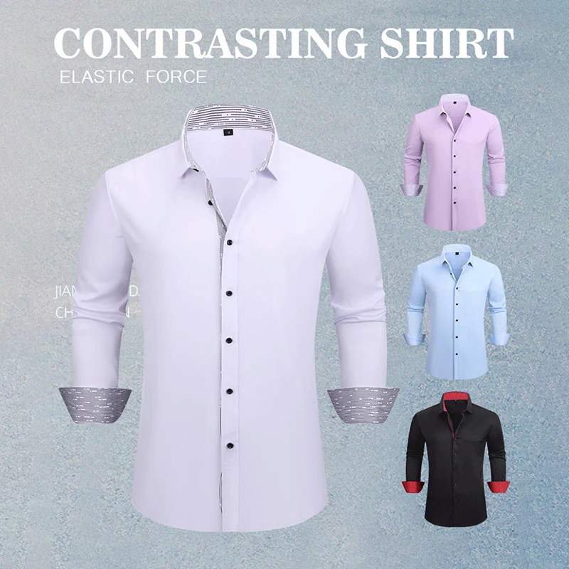 Men Fashion Patchwork Long Sleeve Shirts Spring Autumn Elastic Slim Fit Wrinkle Resistant Shirts Casual Business Lapel Shirt Man