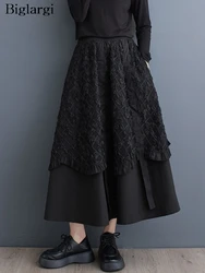 Oversized Spring Midi Skirts Women Embroidery Patchwork Korean Style Loose Ruffle Pleated Ladies Skirts High Waist Woman Skirts