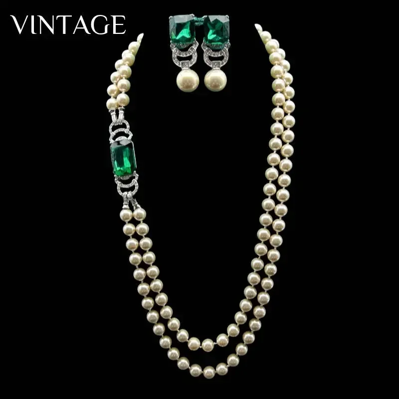 

Vintage Women Elegant Bling Bling Green Zircon Pearls Necklace Dangle Earrings Set Jewelry , Woman Luxury Ear Accessories Sets