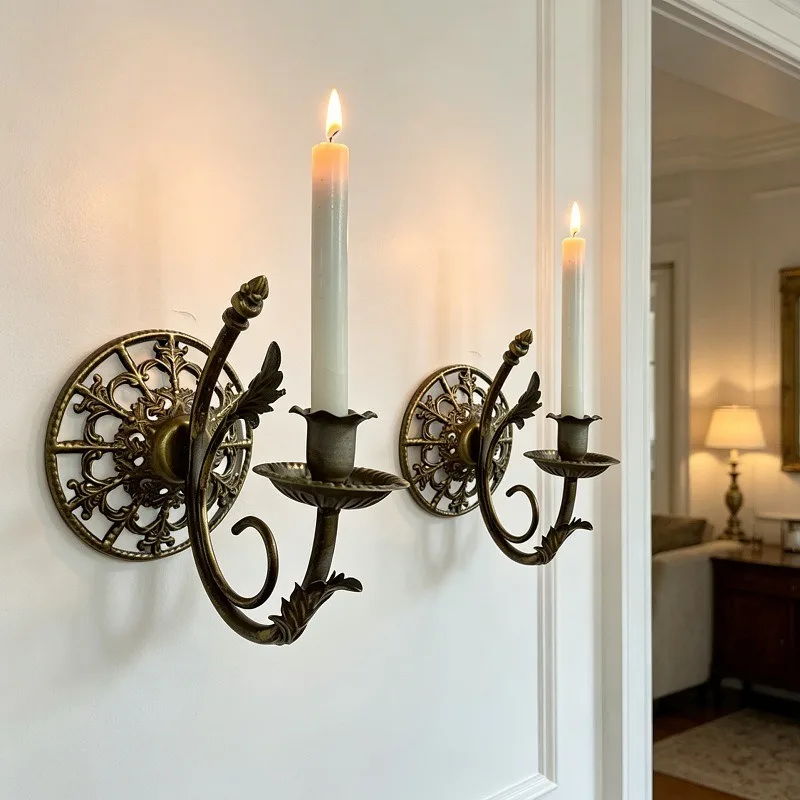American Vintage Bronze Wall Mounted Wrought Iron Candle Holder, Hollow Candle Cup for Home Wall Decor
