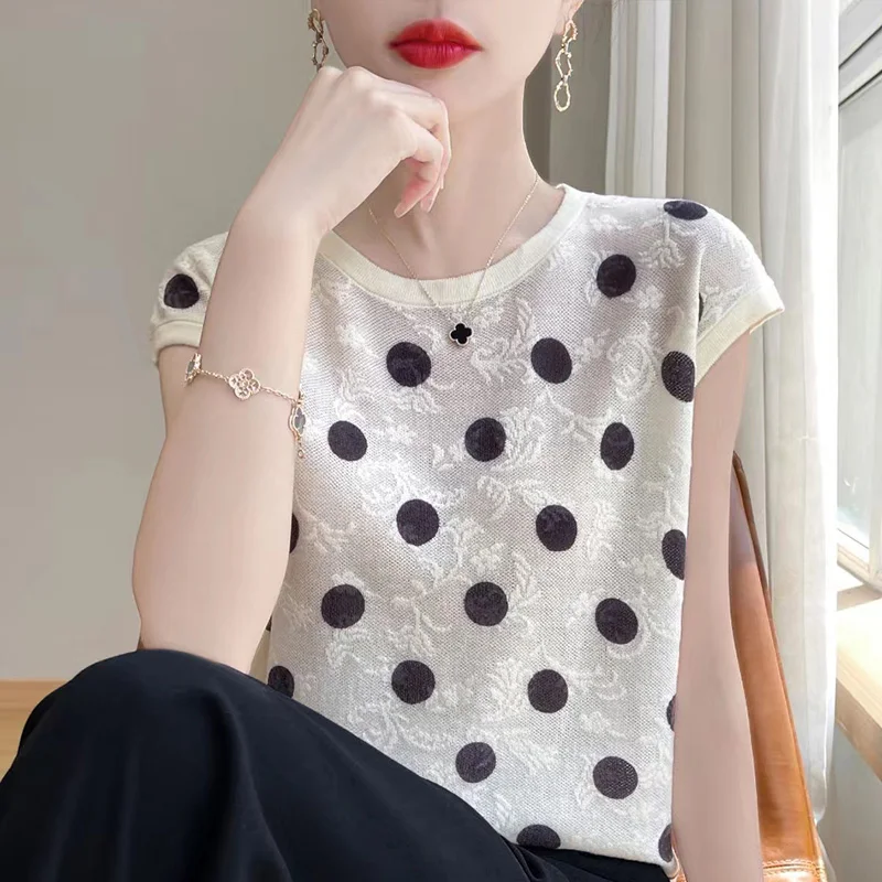 

2024 Summer New Joker Western Style Polka Dot Loose Top Women's Short Sleeve Thin Casual Breathable Comfortable Shirt