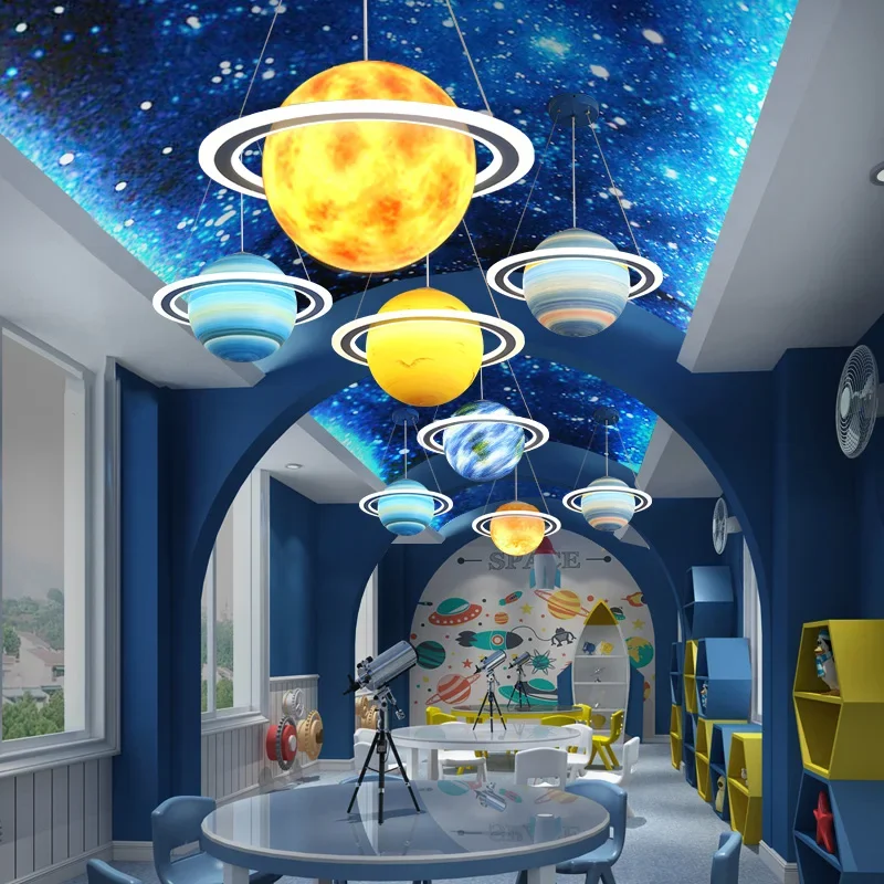 Children's room space lamp boy girl room lamp restaurant kindergarten project customized red planet Chandelier