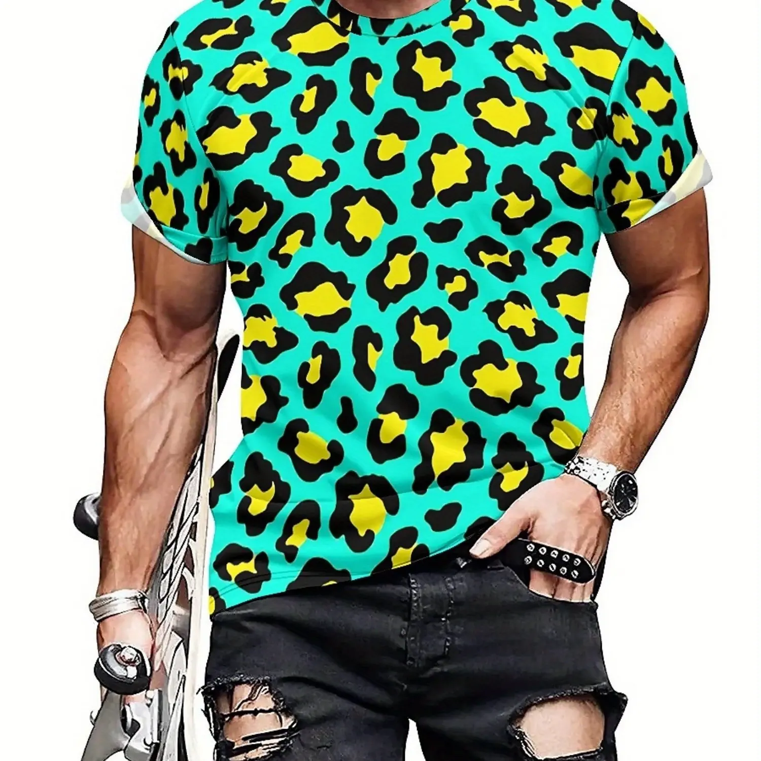 Men's 3D Leopard Print Tie-Dye T-Shirt - Retro Harajuku Streetwear Style, Soft Polyester Short Sleeve Tee