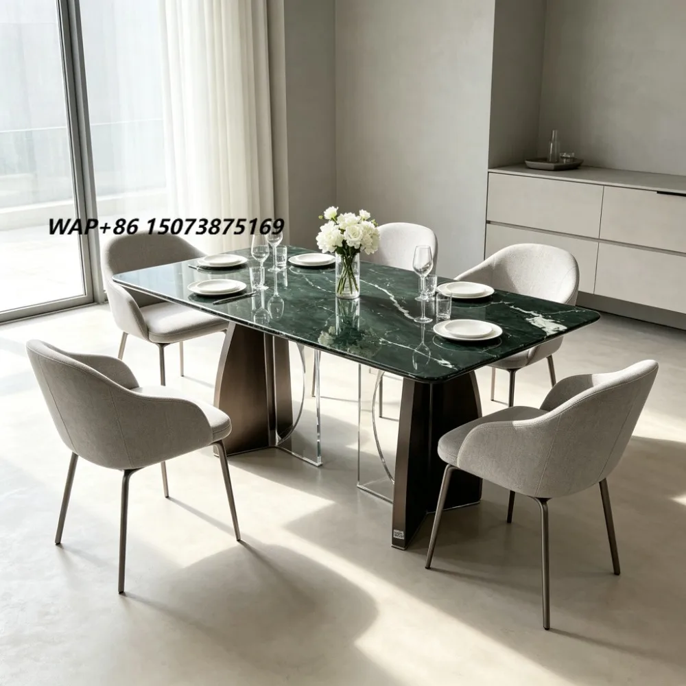 2026 New Luxury Green Marble Dining Table Natural Stone with White Veins Unique Color Modern High End Home Villa Hotel Furniture