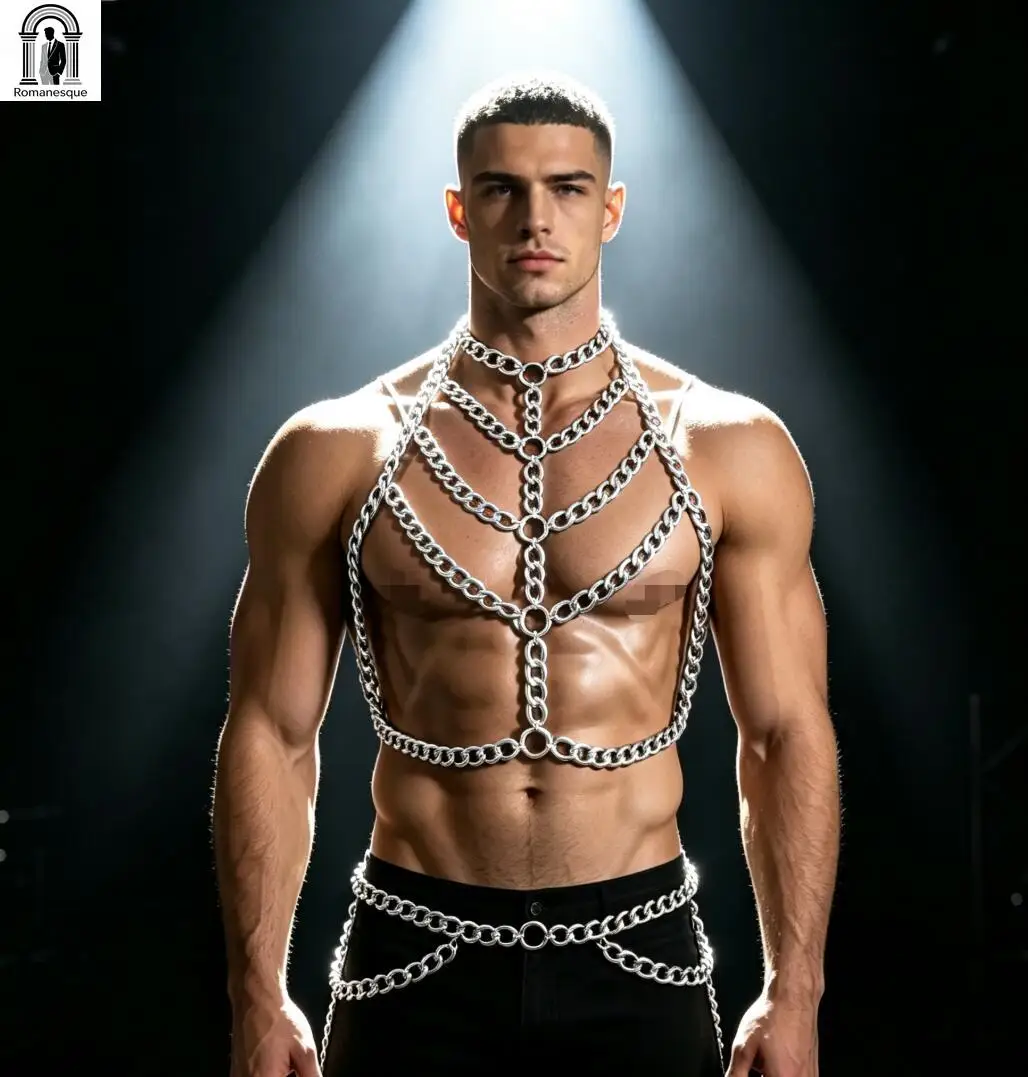 Men's Silver Thick Chain Body Harness Halter Neck Chest Cage Top Adjustable Waist Chain Vest Nightclub Rave Party Body Jewelry - view 5