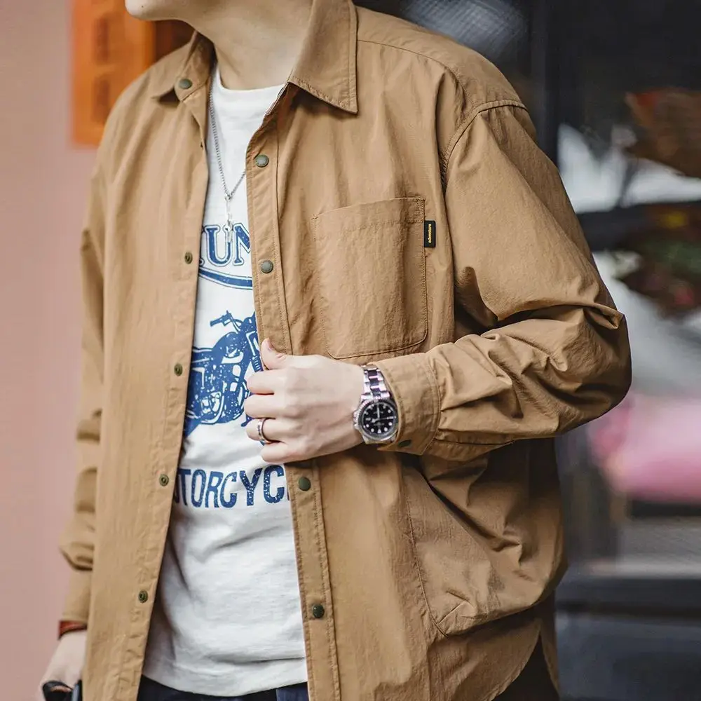 Maden Men's Outdoor Waterproof Shirt Casual Loose Turn-down Collar Thickened Fleece Lined Nine-quarter Sleeve  Neck
