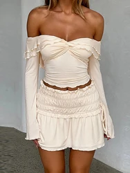 Fantoye Sexy Off Shoulder Ruched Women Skirt Two Piece Sets Apricot Long Sleeve Top Mini Skirt Set Female Elegant Party Clubwear