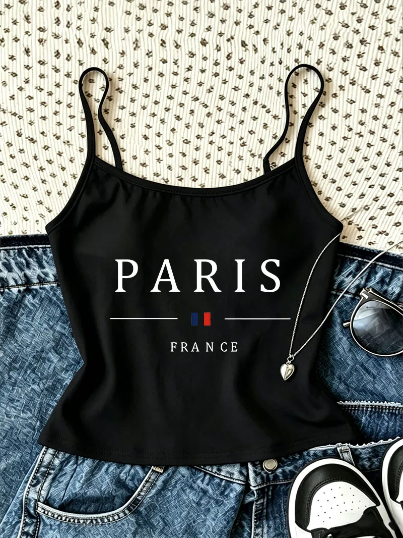 Fashion Paris Letter Print Camisole Top Trendy Casual Crop Top Vest Wear Spring Summer 90s New Arrival Women'S Tank Top