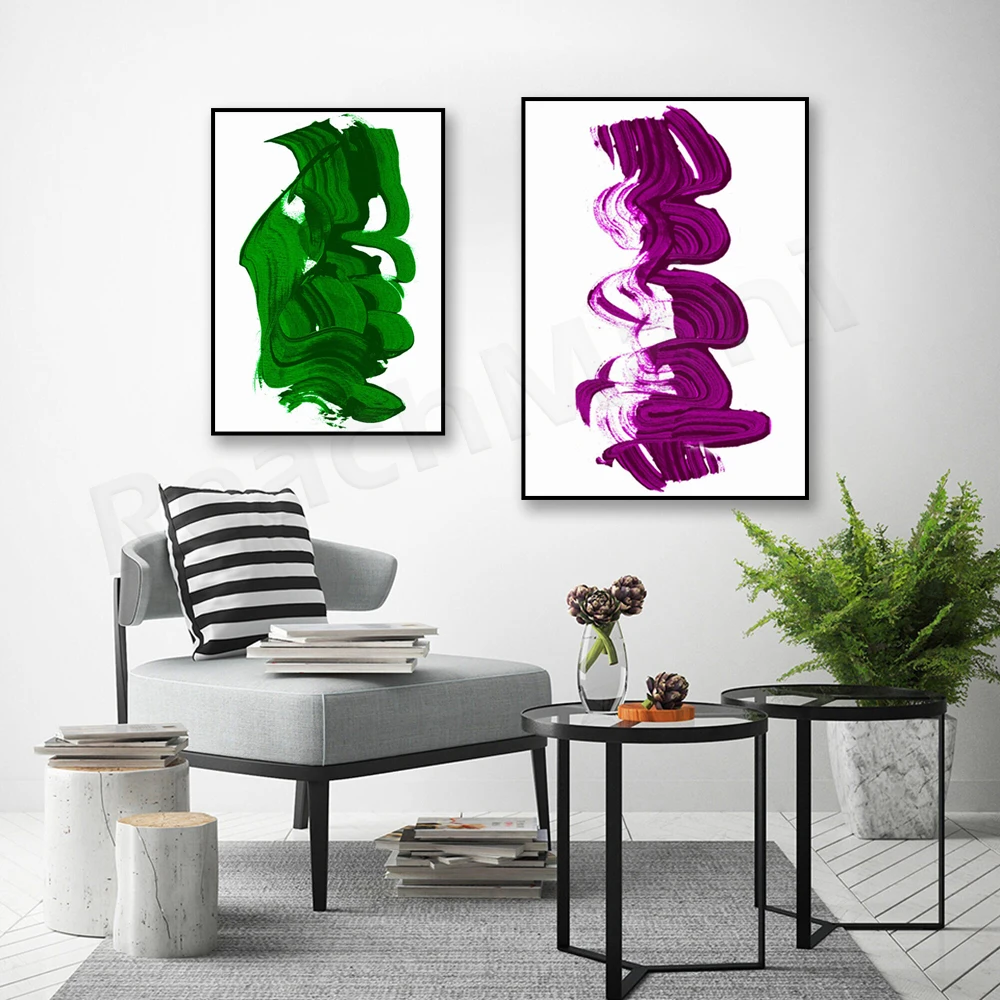 Abstract acrylic stroke canvas print, abstract art poster green purple yellow black minimal modern living room decor gift