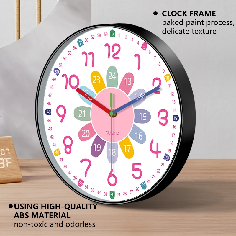 Educational Wall Clock Silent 24 Hour Time Teaching Round Quartz Clock Colorful Number For Children Bedroom Classroom Home Decor