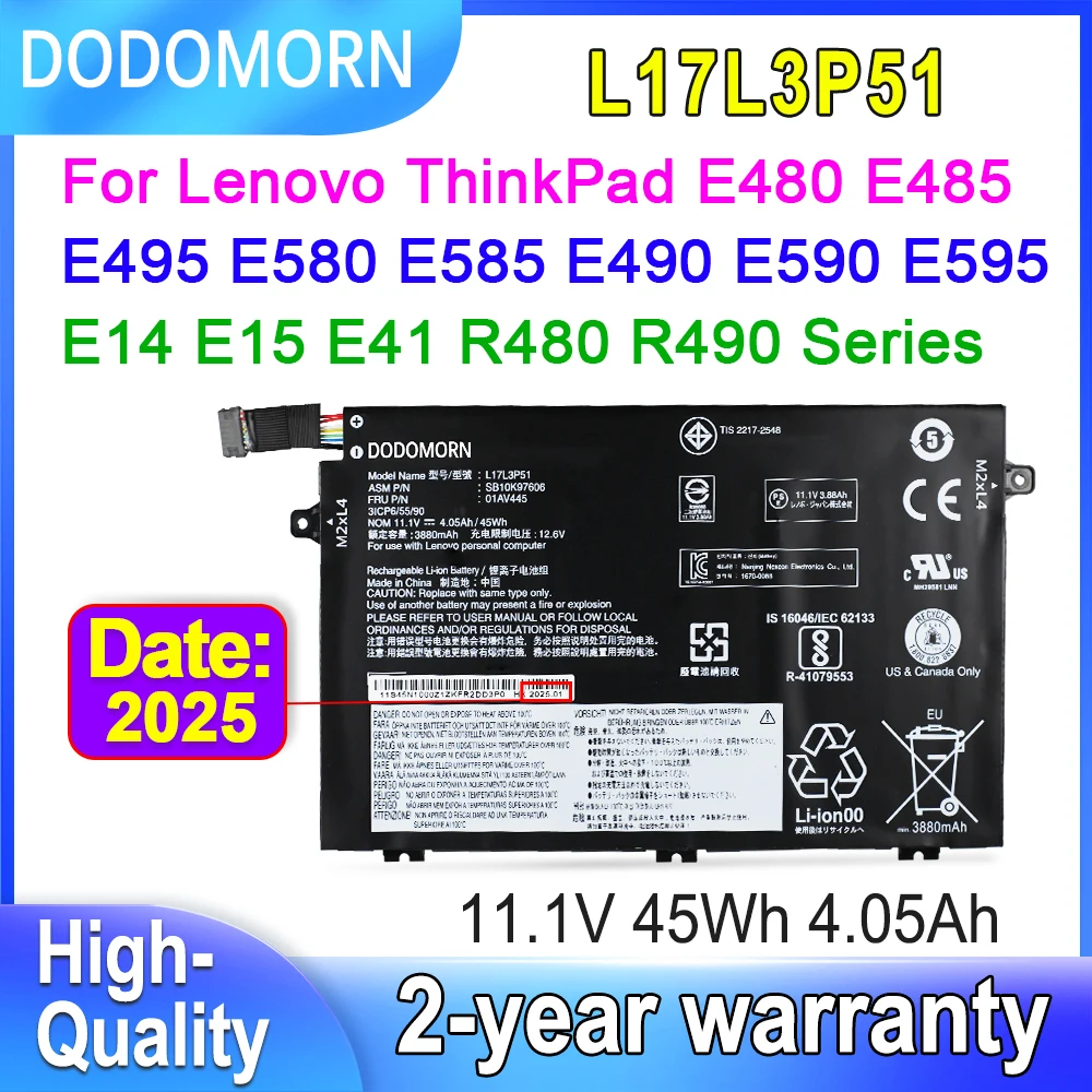 DODOMORN L17L3P51 01AV445 для Lenovo ThinkPad E15 E480 E490 E495 E580 E585 E590 E595 01AV446 Аккумулятор для ноутбука 11,1 В 45 Втч 4,0,5 Ач