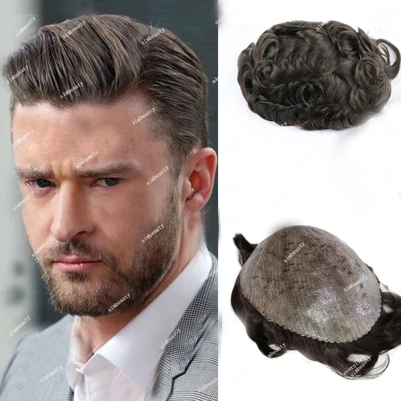 Men's Toupee Human Hair Brown Blonde Black Super Durable Full Thin Skin PU Natural Hairline Men Capillary Prosthesis Replacement