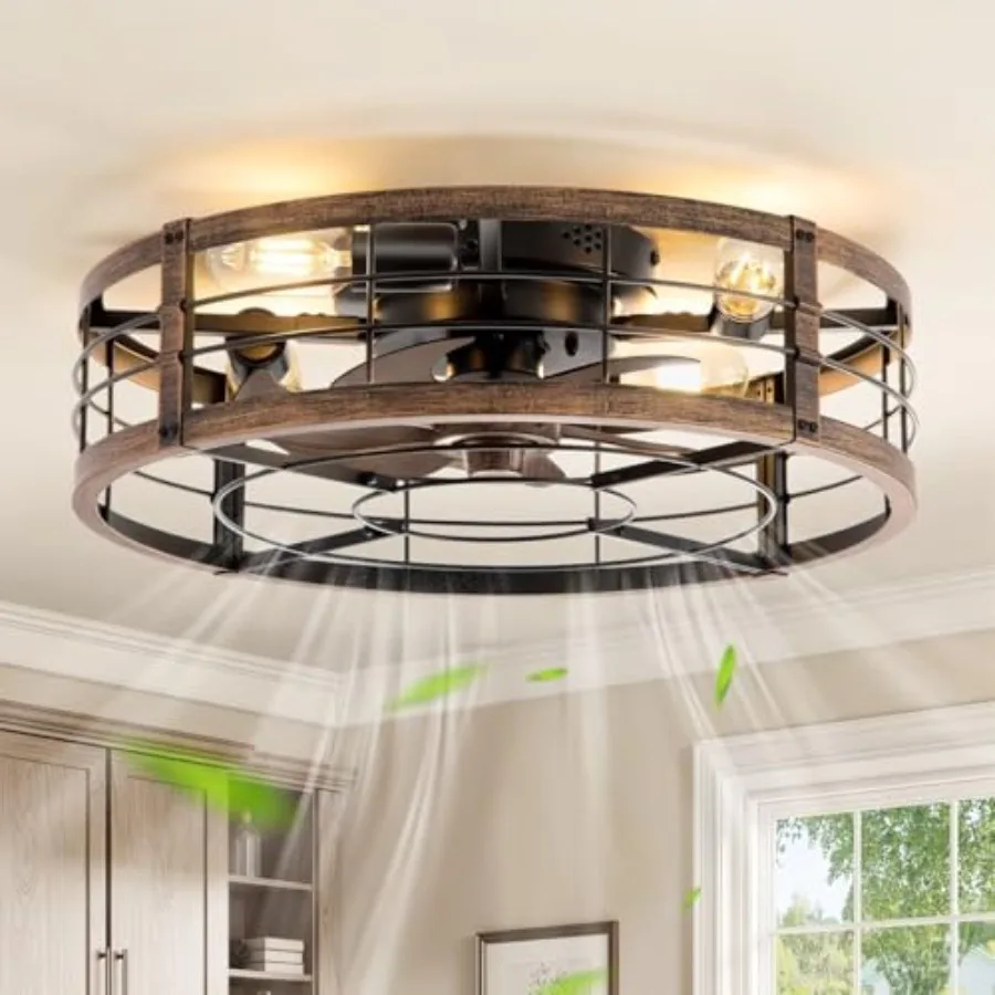 20 Caged Ceiling Fan with Light and Remote, Low Profile Flush Mount Fandelier, Black Gold Blades, Rustic Farmhouse Style for Be