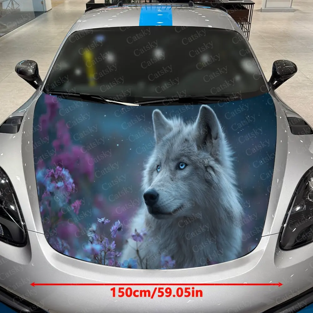 Wolf in Purple Cherry Blossom Car Vinyl Wrap, PVC Waterproof Car Hood Sticker, Self-Adhesive Scratch-Resistant Stickers