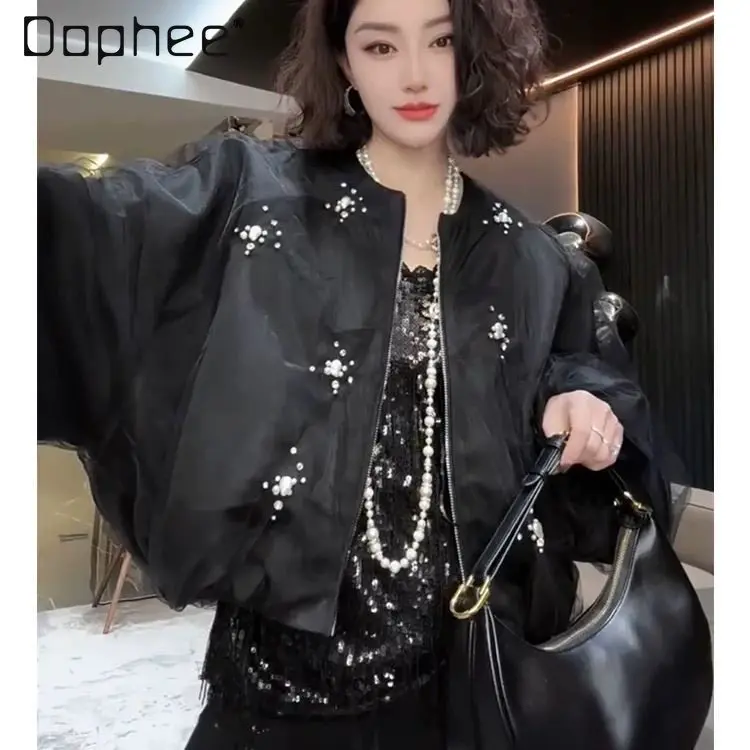 

Европейская весенняя новинка: модная женская куртка с бисером и сетчатыми вставками, элегантная, с круглым вырезом, свободного кроя, стройнящая, повседневная, верхняя одежда