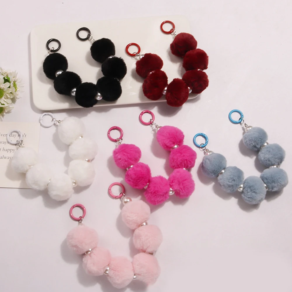 Colorful Hairball Phone Strap Wrist Strap Sweet Plush Anti Lose Sling Bag Pendant Chain  With Imitate Pearl Mobile Phone Lanyard