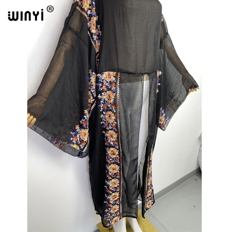 WINYI Women 2022 boho Comfort Fork sexy perspective beach cover up gown Monochrome embroidered Long Dress Elegant Africa kaftan