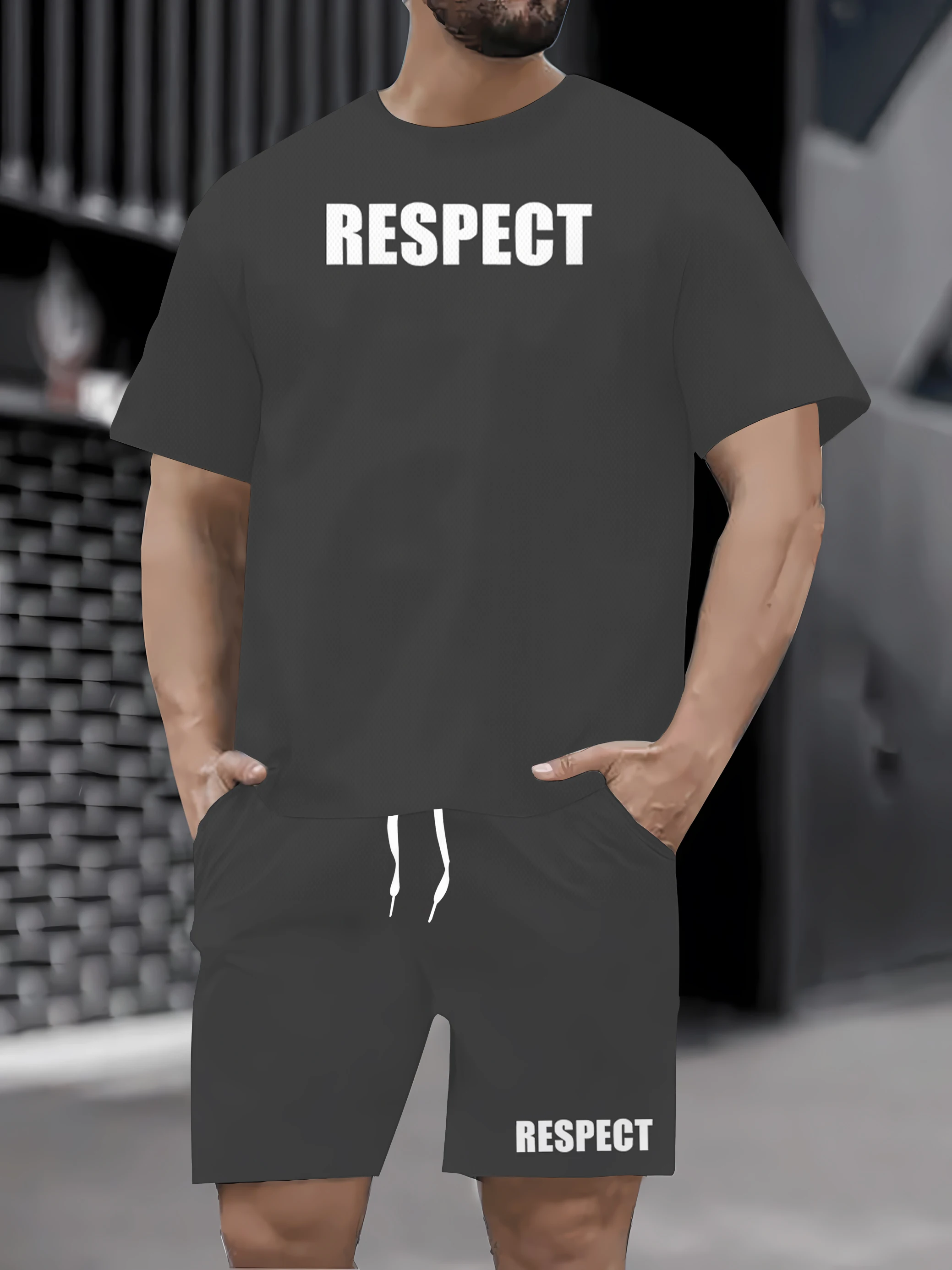 

Summer men's polyester sports and leisure 3D printed micro elastic knitted 2-piece set round neck short sleeved T-shirt shorts