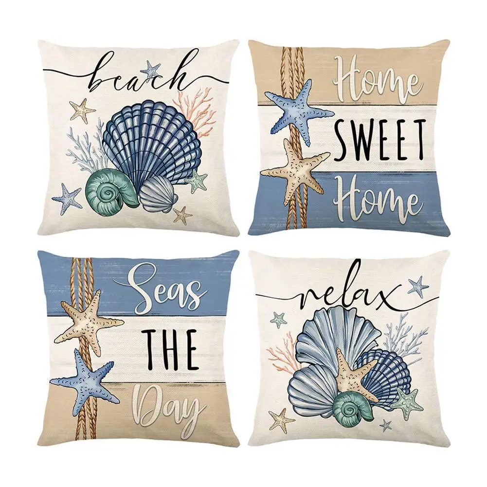 Nautical Style Pillowcase With Seaside Quotes Shell Print Rustic Linen Cushion Cover For Beach Vacation Home Bedroom Decor