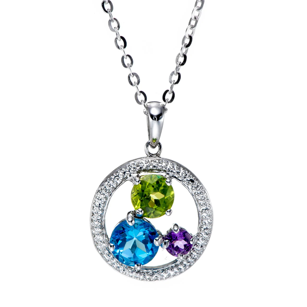 

Swiss Blue Topaz,Peridot,Amethyst Rhodium Over Sterling Silver Pendant with Chain