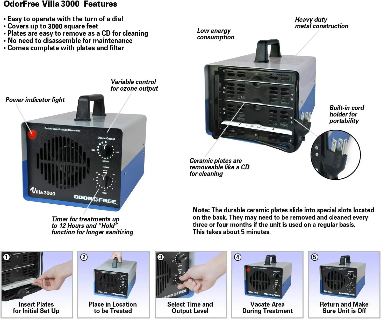 Villa 3000 Ozone Generator for Eliminating Odors, permanently removing Tobacco, Pet and Musty Odors at their Source