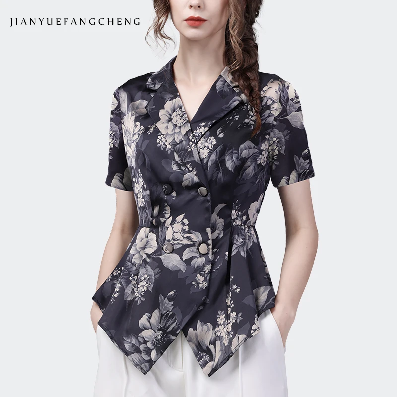 

2023 Summer Short Sleeve Satin Printed Blouse Women Tops Elegant Slim Suit Collar Design Vintage Casual Double-breasted Shirts