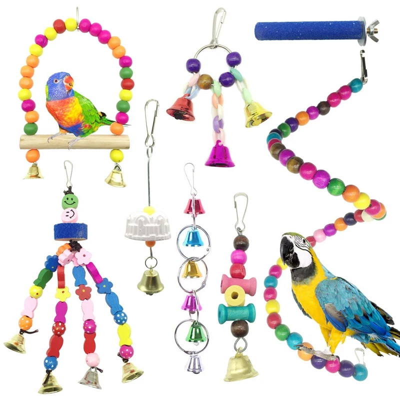 Bird Parrot Toys For Cages,Colorful Chewing Hanging Swing Pet Bird Toy With Bells,Wooden Ladder Hammock,Rope Perch,Birdcage Stan