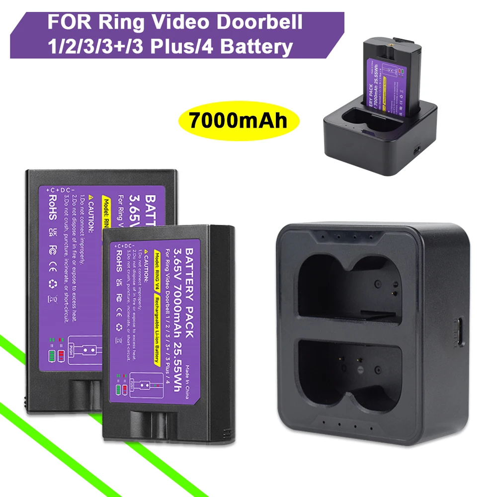 7000mAh High Capacity for Ring Video Doorbell V4 Battery with Fast Charger for Ring Video Doorbell 1/2/3/3+/3 Plus（3.65V）