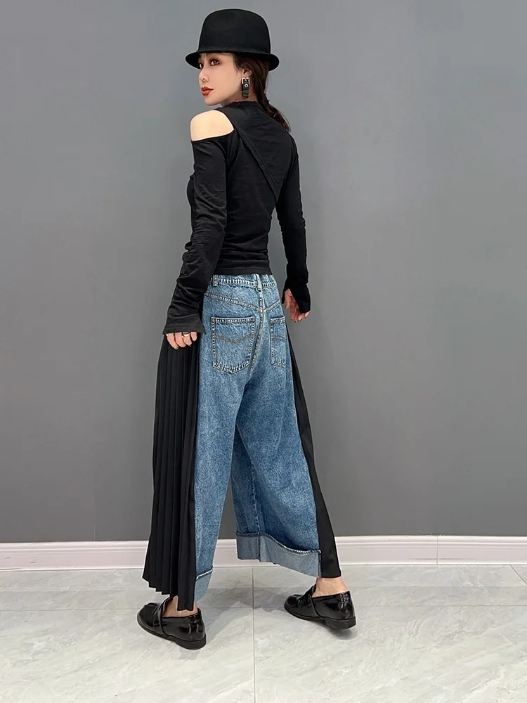 Elastische Taille 2025 Zomer Vrouwen Denim Splicing Plooien Wijde Pijpen Broek Losse Persoonlijkheid Retro Color Blocking Broek LHX 3113