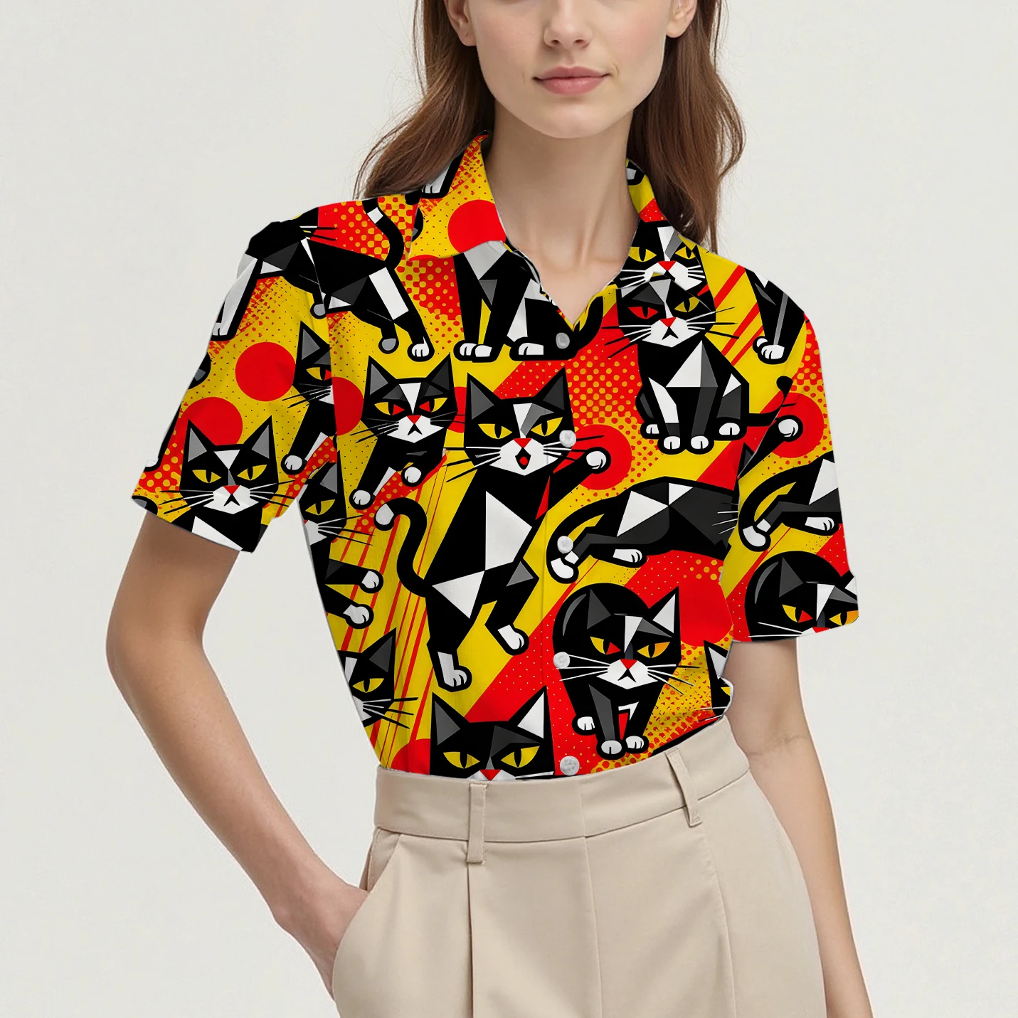 

Летняя женская новая рубашка с коротким рукавом, женская дышащая рубашка с рисунком кота, подходит для повседневной или официальной одежды, модная повседневная одежда