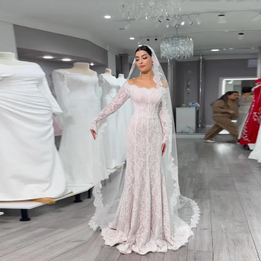 Off Schulter Frauen Brautkleider Elegante Lange Ärmeln Meerjungfrau Spitze Braut Kleid Engagement Bankett Vestidos De Novia Angepasst