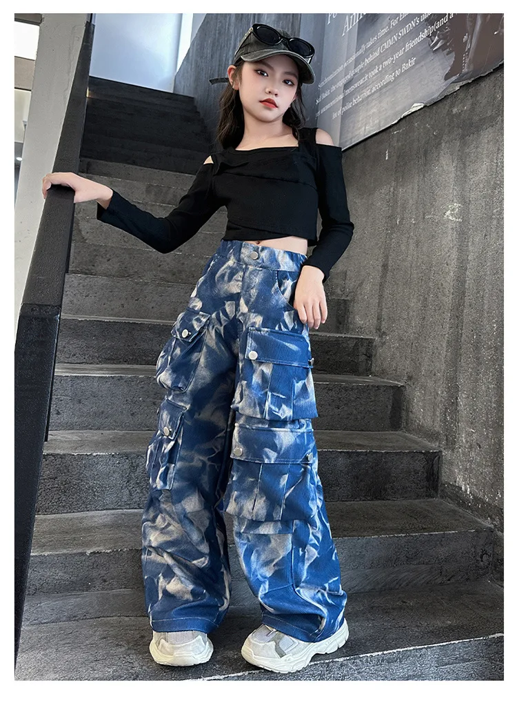 10 14 junior girls Casual tie-dyed Hip Hop cargo pants teen kids Dance Spodnie z szerokimi nogawkami ubrania dla dzieci Spodnie z wieloma kieszeniami