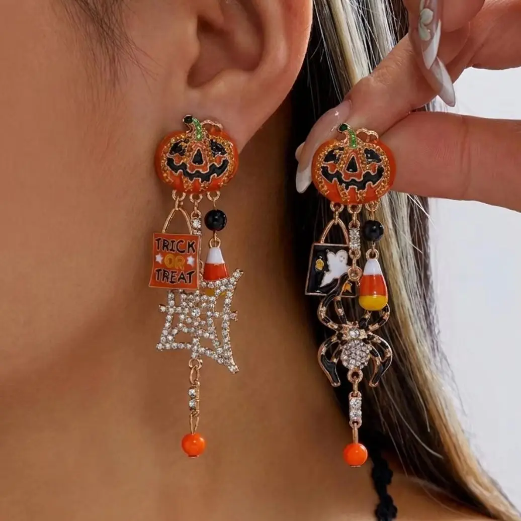 Unique Ghost Spider Web Enamel Dangle Earrings for Women Fun Pumpkin Rhinestone Tassel Earrings Halloween Party Jewelry Gift