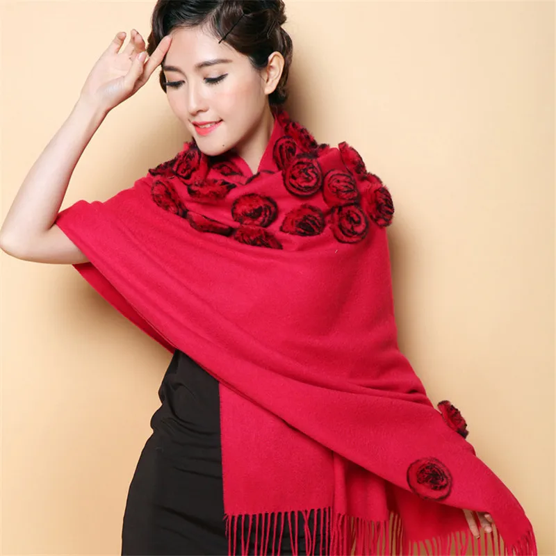 2022 Winter Wool Pashmina Scarf Muffler Woman Autumn Winter Wool Shawl With Rex Rabbit Fur Pompom Rose Capes