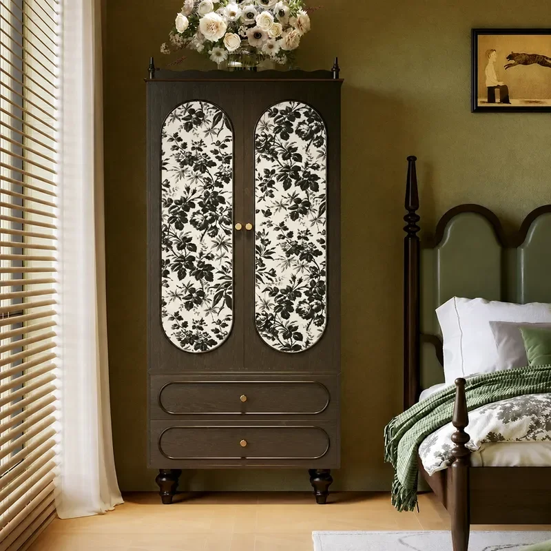 Medieval Style Classical Flower Solid Wood Wardrobe Living Room Entrance Six Drawer Storage Cabinet Household Organizer