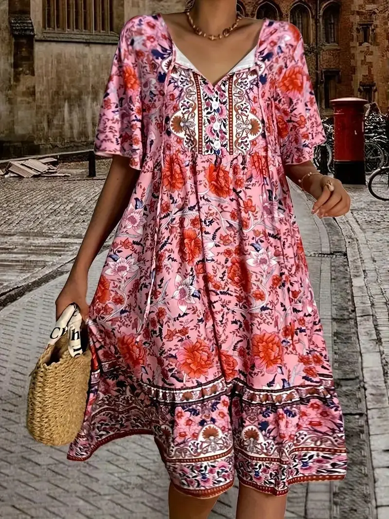 Abito estivo Boho 2025 Mini abito floreale con scollo a V da donna con maniche a sbuffo e spacco laterale Abito da cerimonia nuziale fluido da spiaggia Nuovo estivo