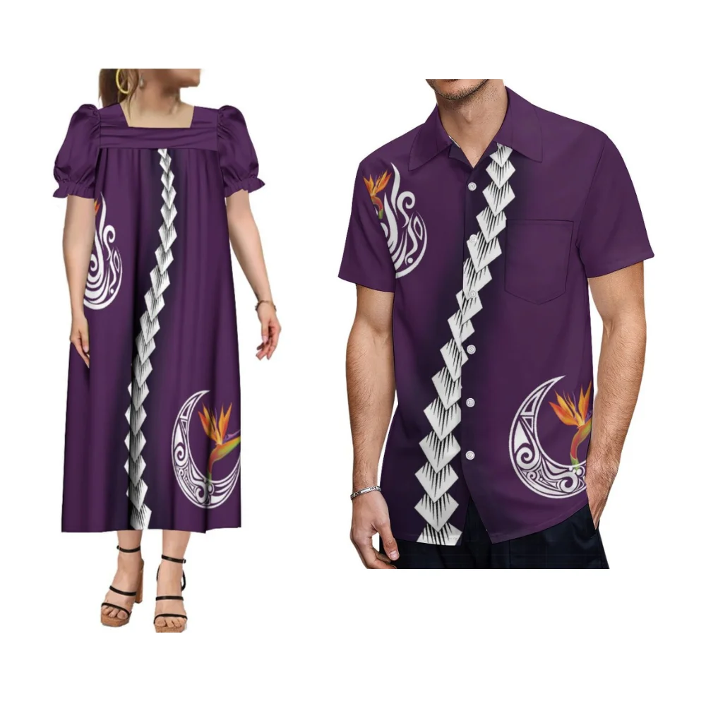 

Summer Square Collar Short Sleeve Women Mumu Chic Polynesian Dress Hot Samoan Ethnic Dress With Men'S Casual Shirt Couple Suit