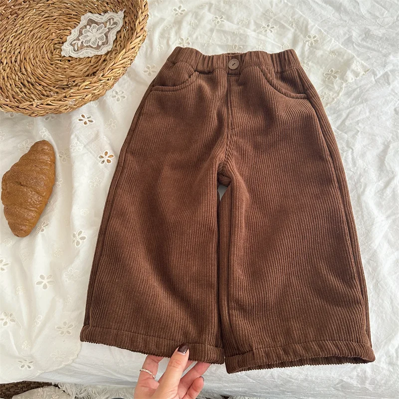 Winter New Products Girls Solid Color Velvet Strips Children's Integrated Velvet Austrian Velvet Trousers