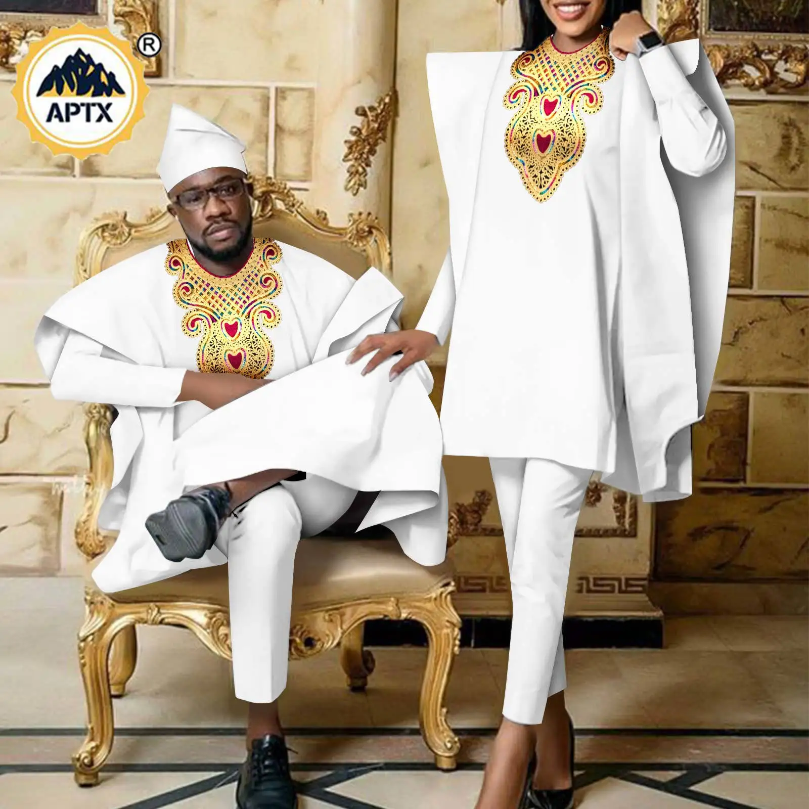 Africa Clothing Bazin Riche African Couple Agbada Wear Aso Ebi Women Robe Sets Matching Men Outfits Dashiki Groom Suit Y23C024