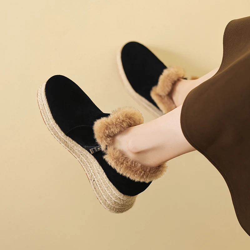 EAGSITY, alpargatas con suela de cuerda de cáñamo y gamuza de cuero de vaca, zapatos, botines para mujer, botas de moto, zapatos de plataforma, botas de nieve de invierno