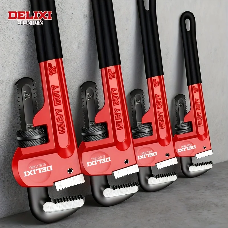 DELIXI ELECTRIC 8/10/12/14 Inch Pipe Wrench,High Carbon Steel Adjustable Wrench with Anti-Slip Serrated Jaws for Pipe Repair.