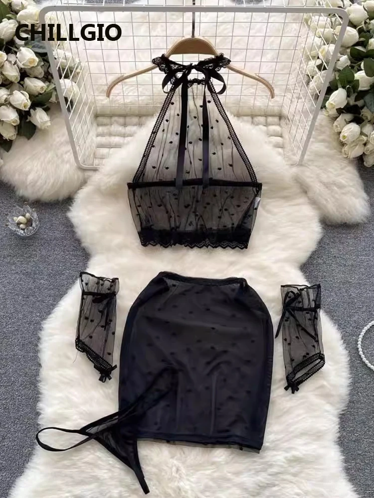 CHILLGIO Women Transparent Skirt Set Sexy Lingerie Pornographic Mesh Pajamas Suit Summer Matching Set Intimate Clothing Sets Y2k