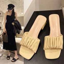 Summer New Sexy Square Head Pleated Simple Versatile Large Slippers for Women Comfortable High Heels for Women's