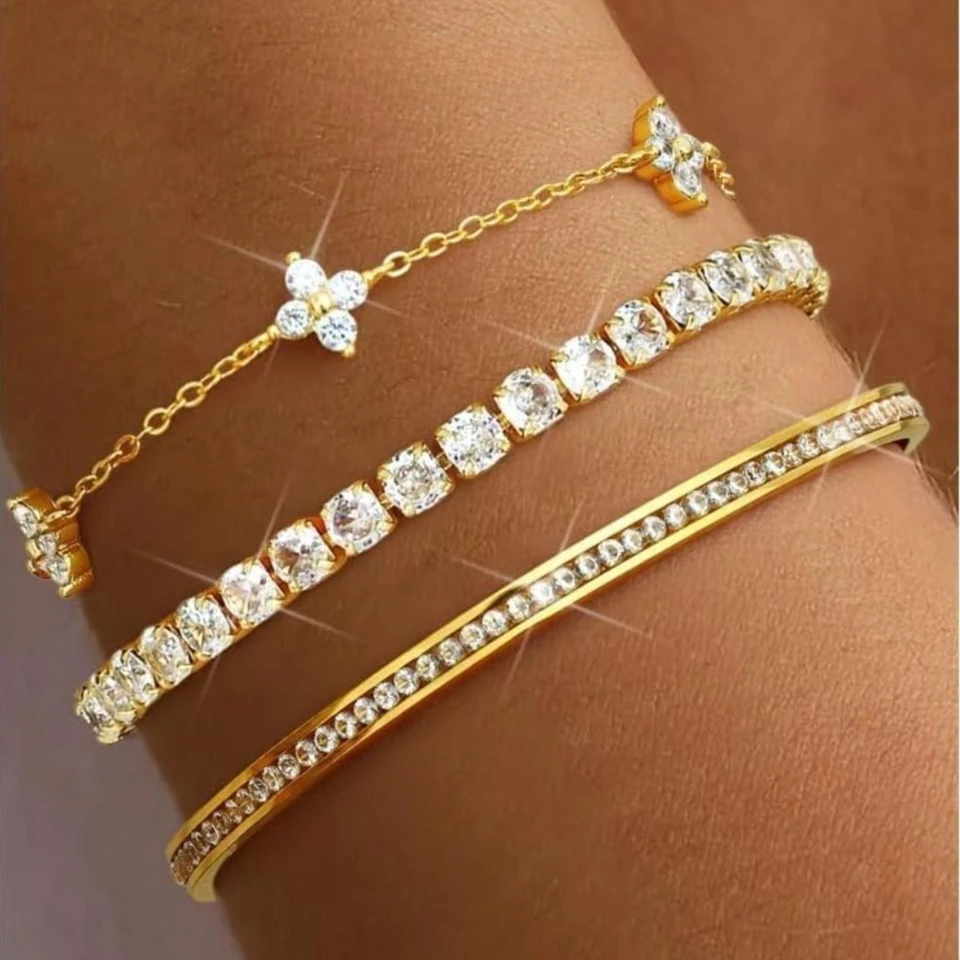 Adjustable Gold Plated Silver Tennis Bracelet Set