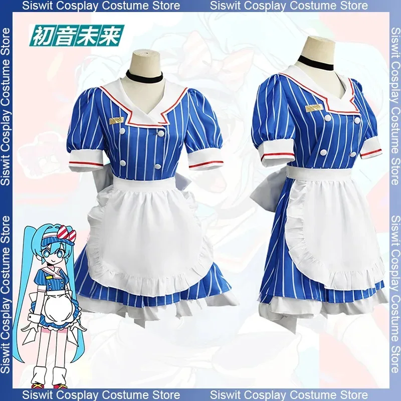

Mesmerizer Miku Cosplay Costumes Striped Maid Dress Hat Apron Suit Full Set Holiday Party Anime Carnival Dress Up Women Uniform