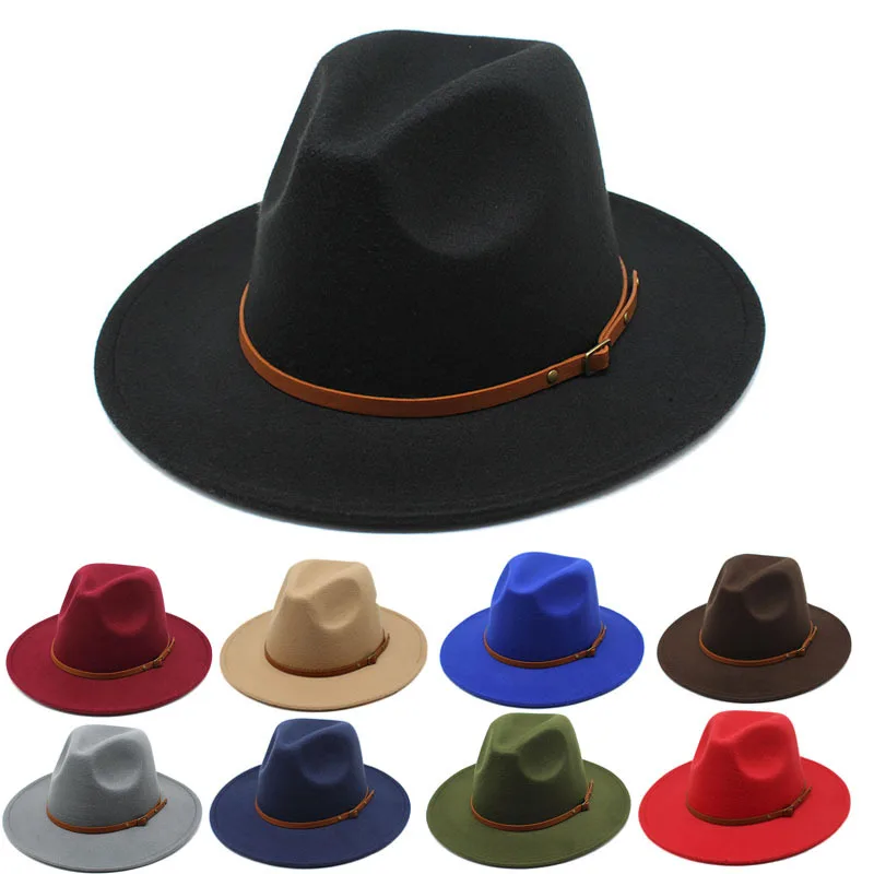 Navy green fedora hat autumn and winter big brimmed hat men and women felt hat Panama jazz fedora шляпа женская cowboy hat